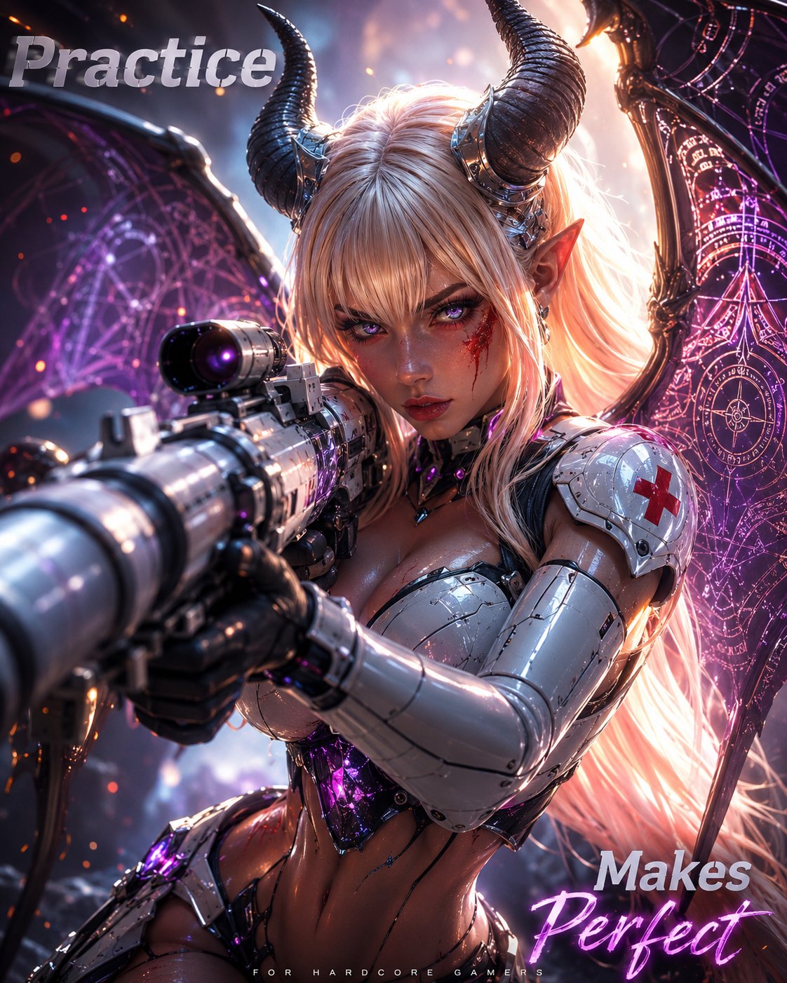 Battle-worn succubus soldier aiming a rifle beneath the words Practice Makes Perfect