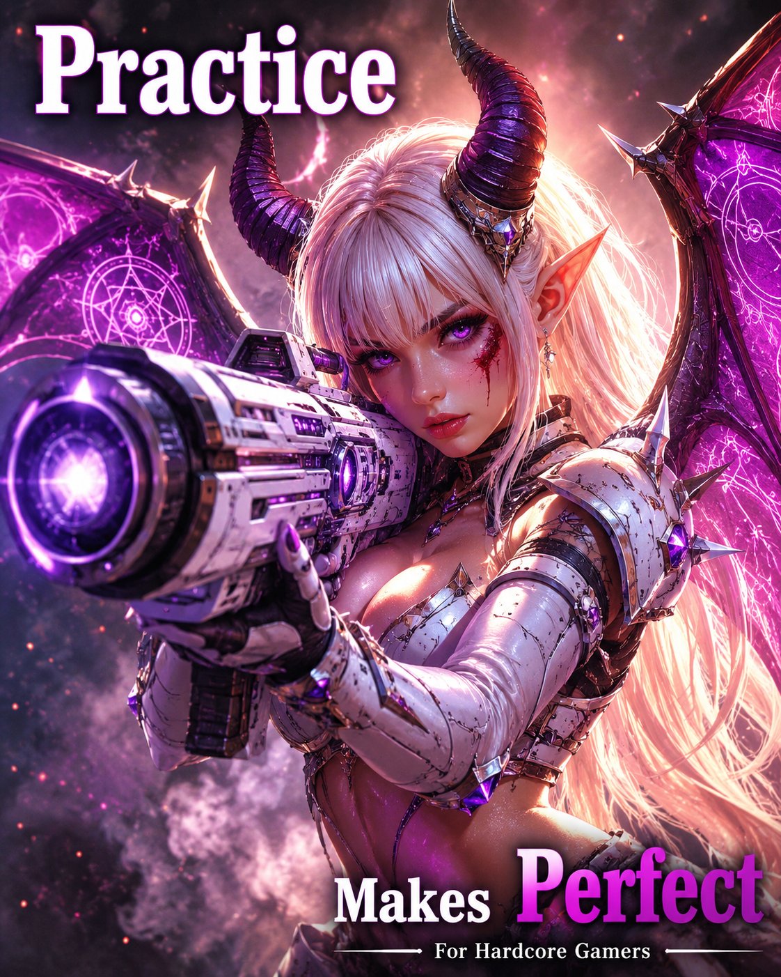 Succubus soldier holding a glowing plasma rifle on a Practice Makes Perfect cover